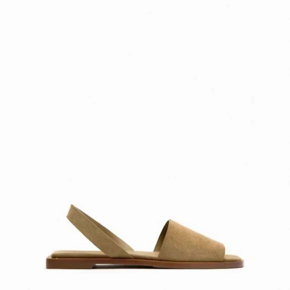 Zara Flat Leather Sandals With Heel Strap Sandy Brown Size 39/8.5 - Picture 2 of 8